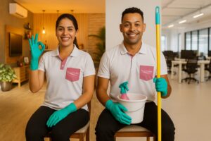 Real Clean team showing residential and commercial cleaning services in Perth with professional equipment and uniforms